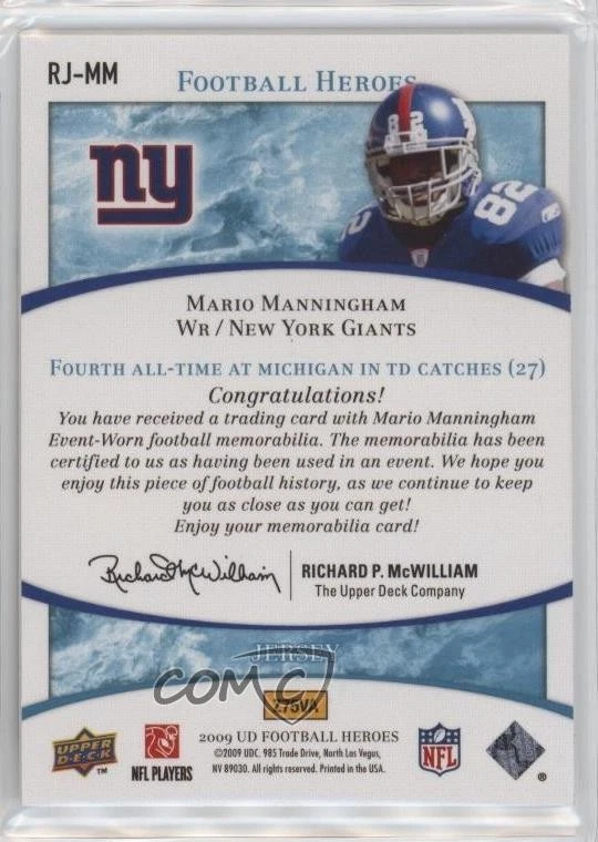2009 Upper Deck Football Heroes Blue Retail Jerseys Mario Manningham #RJ-MM - Image 2 of 2