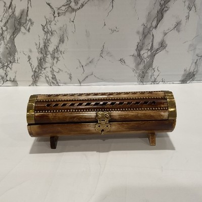 Vintage Camel Bone With Brass Art Lined Trinket Box  
