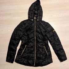 Barbour Puffer Jacket Womens UK 10 Black Fiber Down Lightweight Removable Hooded