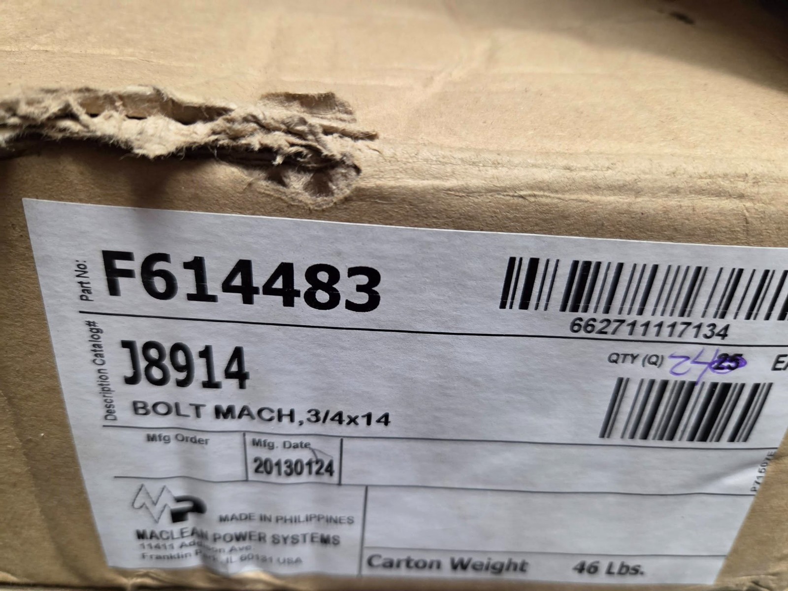 MACLEAN POWER SYSTEMS J8914 DA 3/4 X 14 STEEL GALVANIZED BOLTS 24/BOX