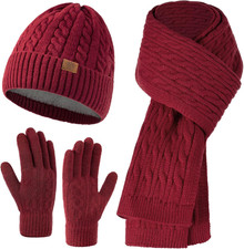 Womens Winter Beanie Hat Scarf Gloves Set, Knitted Scarf and Hat Touchscreen ...