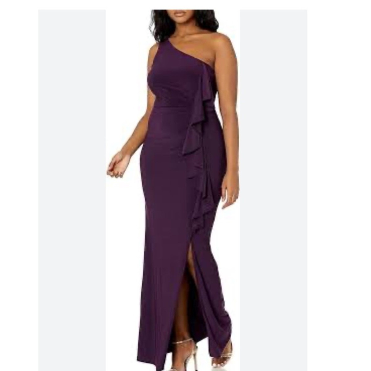 eliza j purple one shoulder dress Eliza J One Shoulder Ruffle Front Slit Formal Maxi Dress Evening Gown 8  petite