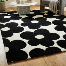 Hand Tufted Black White Wool Modern Area Rug Floral Handmade Carpet.