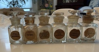 Lot of 6 Miniature Vintage EPPLEY’S Pharmacy Medicine Glass Bottles Not ScrewTop