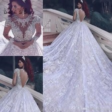 Luxury Pearl Jewelry Wedding Dress Long Sleeved Beaded Crystal Lace Bridal Gown