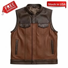 Real Men's Brown Distressed Vest Cowhide Leather Motorcycle Vest Biker Rider