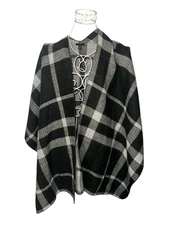NEW WITHOUT TAGS Ann Taylor Windowpane black white plaid wrap fringe women’s swe