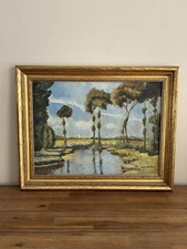 Vintage MCM Signed Landscape Oil Painting Swamp Florida Palm Trees Highwaymen