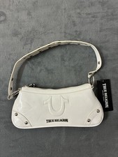 True Religion Small White Shoulder Bag Studded Logo Zip Adjustable Strap