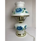 Vintage Milk Glass Hurricane Lamp Blue Hand Painted Roses Brass Base Floral