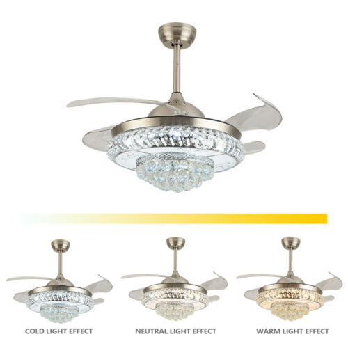 Luxury Invisible Ceiling Fan Light LED Crystal Chandelier Lamp 3-Color W/ Remote - Picture 25 of 50