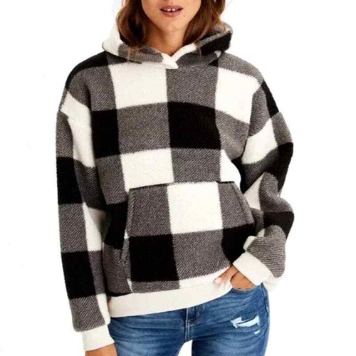 fuzzy sherpa neutral plaid hoodie size 