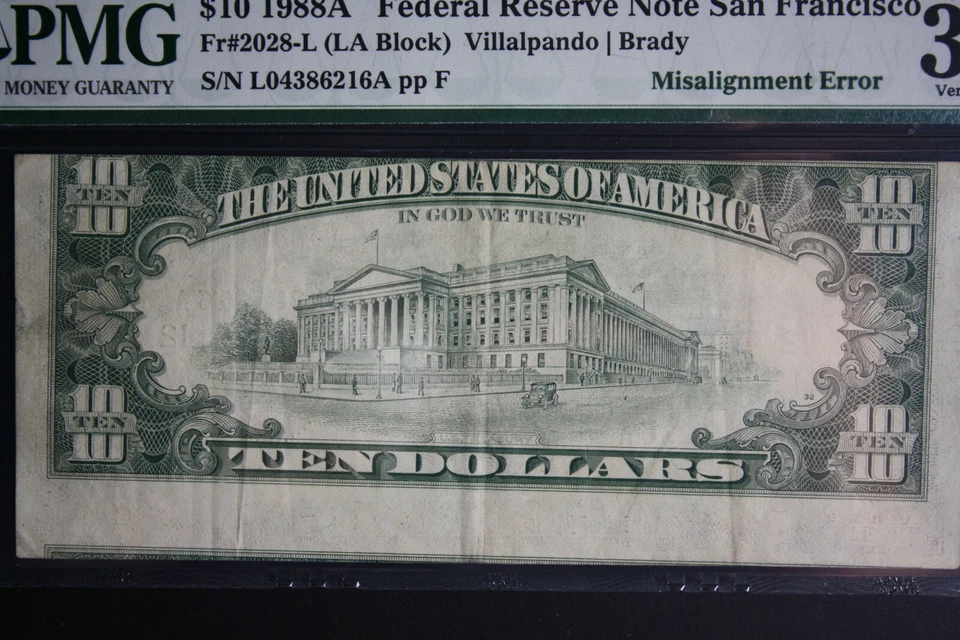 1988 A $10 Dollar ERROR Note, Hugely MISALIGNED REVERSE-1st Printing PMG VF30 - Image 2 of 4