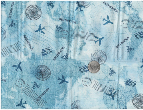Remnant of Fabric Fat Eighth 9X21 for Crafts, Quilting, Travel, Airplane Blue