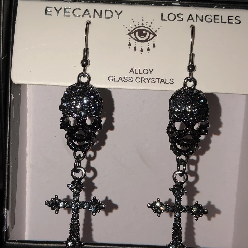 Eye Candy Los Angeles Gunmetal Tone Skull & Cross Drop Earrings Crystal NIB - Изображение 2 из 4