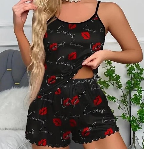 Red Lip Print Women's Pajama Set 2 Piece Shorts & Sleeveless Top Black Pick Size - 第 1/6 張圖片