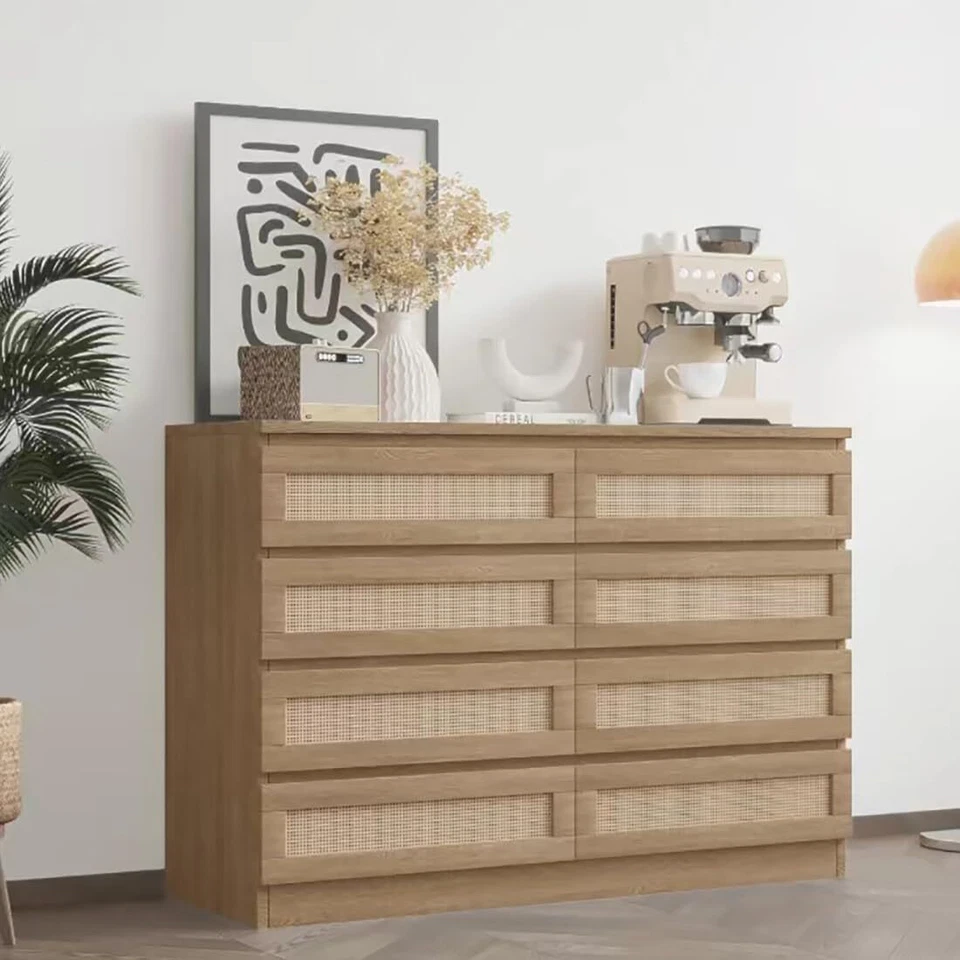 Cómoda doble de 8 cajones para dormitorio de ratán moderna de madera Foto 4 de 4