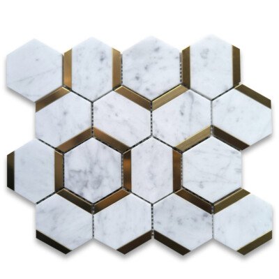 C338XH Carrara White Marble 3 inch Hexagon Mosaic Tile w/ Brass Strips Honed
