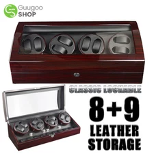 Luxury Automatic Rotation Watch Winder 8+9 Display Box Case Storage Box Leather