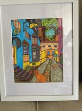 Original Colored Painting,old Street,landscape,houses,Europe,framed