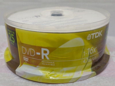 25 Pack TDK Recordable DVD-R Discs 16X 4.7GB 1-6Hrs Sealed Spindle Pack