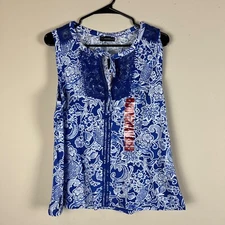 NWT Rafaella Women Sleeveless Split Neck Top Blouse Sz XL Floral Blue