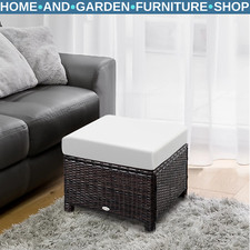 Footstool Rattan Wicker Metal Frame Water-Resistant with Padded Cushion Brown