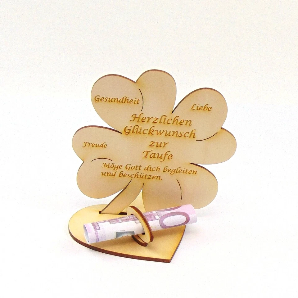 Geldgeschenk Zur Taufe Personalisiert Holz 11cm Kleeblatt Taufgeschenk - Bild 2 von 4