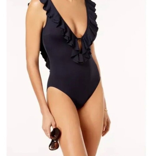 Traje de baño Michael Kors cuello en V profundo con volantes de una pieza talla 10 gris - Imagen 14 de 16