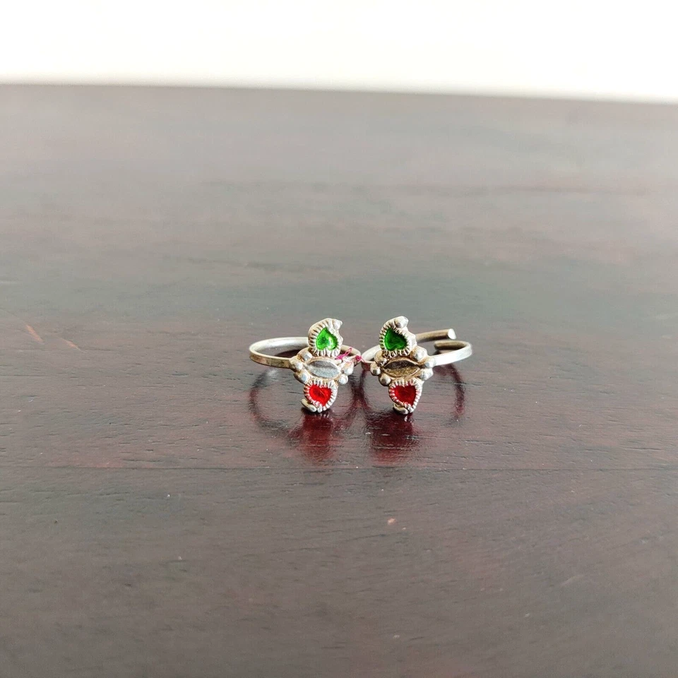 Par de anillos de dedo del pie vintage joyas de plata antigua dama tribal coleccionable piedra roja verde Foto 2 de 4