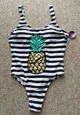 Womens Pineapple Swimsuit Prison Stripe Kitschy XL XG 15 -17 One Piece Swimwear 