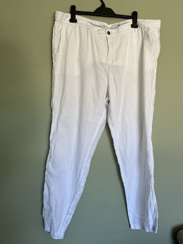 Ladies/Womens Mu0026S indigo white linen trousers size 22 long | eBay