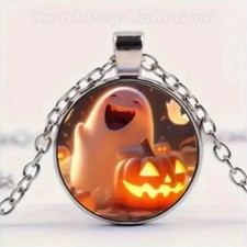 Halloween Ghost and Little Pumpkin Art Design Round Pendant Necklace