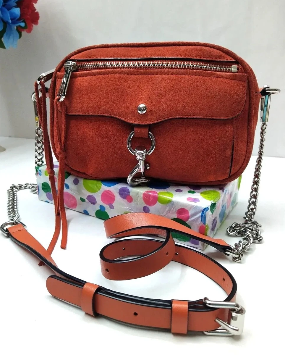 Rebecca Minkoff Avery Orange Brick Suede Leather Trim Chain Strap