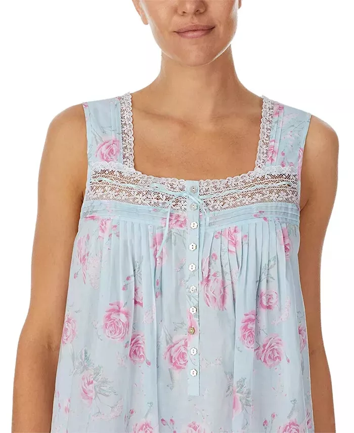 New $74 Eileen West Blue/Pink ROSES Woven Cotton Lawn Long Ballet Nightgown  Sz M