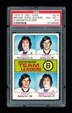 1975 OPC HOCKEY 314 BRUINS TEAM LEADERS ESPOSITO / BOBBY ORR PSA 8.5 NM-MINT+