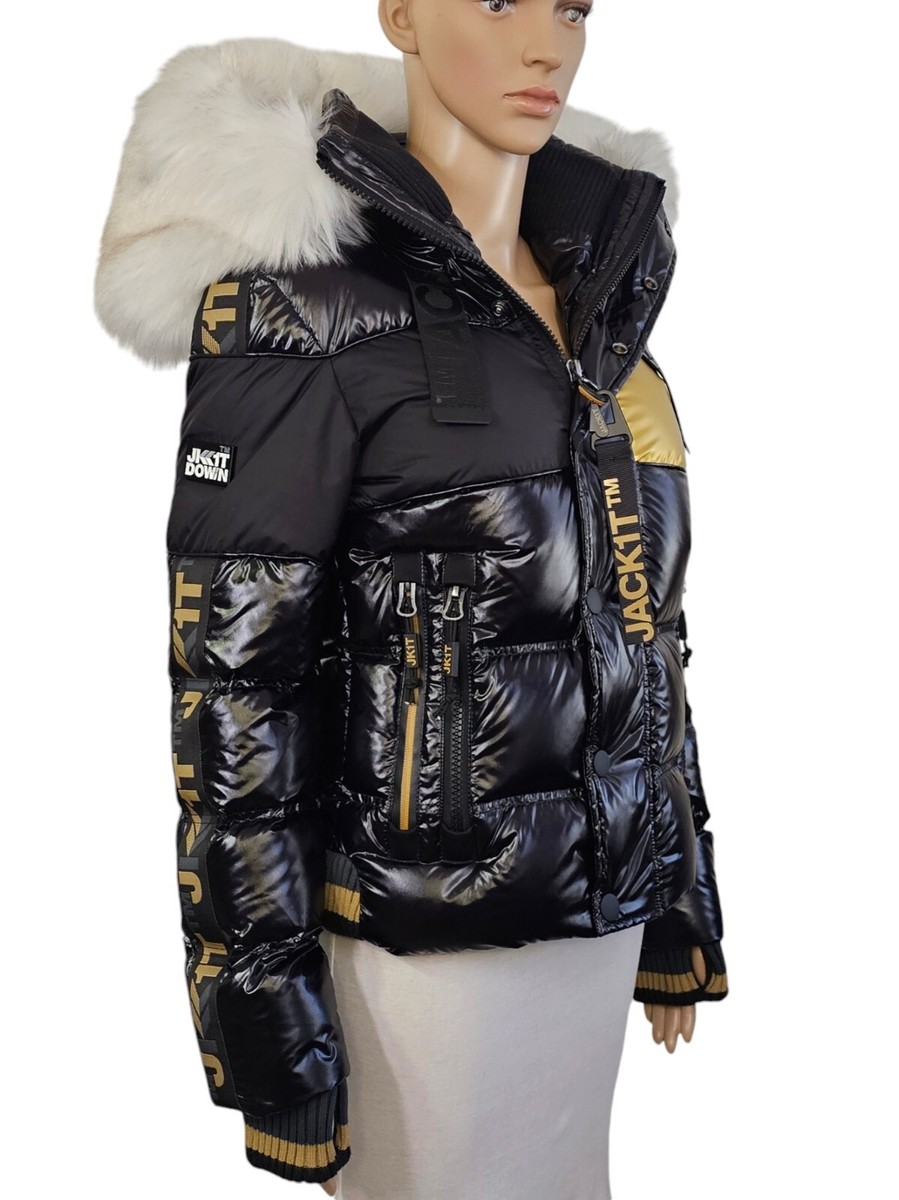 JACK1T Black & Gold Down Hooded Removable Faux Fur Puffer Jacket