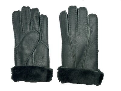 Women's Genuine Sheepskin Green Warm Leather Shearling Fur Gloves