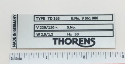 Thorens TD165 Turntable Custom Metal Identification Plate