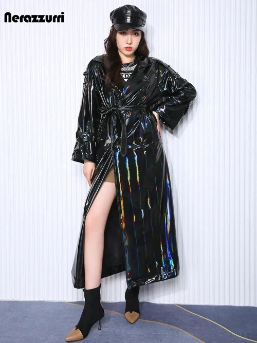 Extra Long Black Holographic Reflective Stretchy Soft PVC Leather Trench Coat - Image 2 of 4