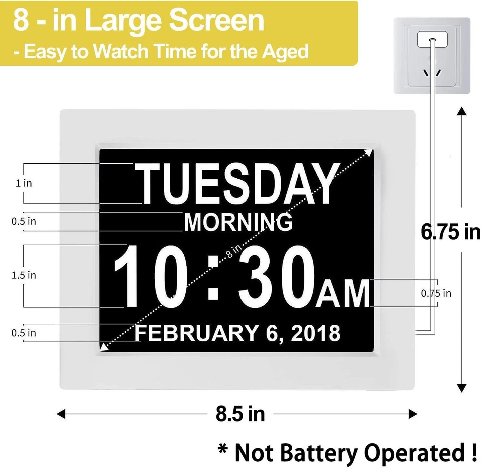 Digital Day Clock for Seniors - 8" Display, Multiple Alarms - Image 4 of 4