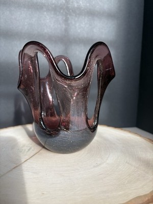 Makora Krosno Poland Vintage Amethyst Looped Stretched Hand-Blown Art Glass Vase