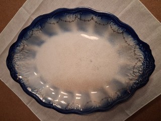 Saxon China Flow Blue Porcelain Antique Platter with Gold Swag Trim 14" x 10"