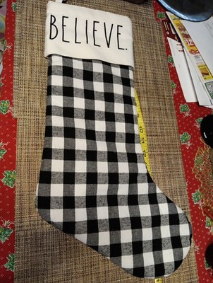 Rae Dunn 21'' BELIEVE Black White Plaid Farmhouse Lined Christmas Stocking NWOT 