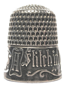 Simons Sterling Silver Thimble A STITCH IN TIME on Burnished Background - Size 8