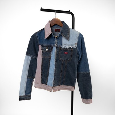 Vintage Damen Denim Patchwork Jacke Blau Mischgewebe Reißverschluss Unikat...