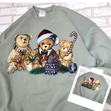 Vintage 90s Teddy Bear Christmas Double Sided Sage Green Granny Sweatshirt XL
