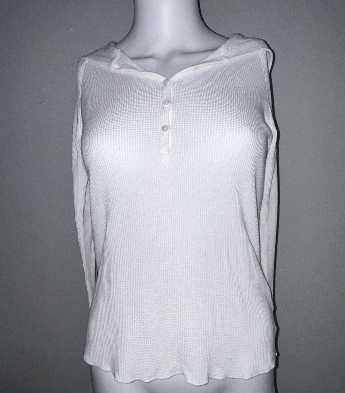 VTG Old Navy White Waffle Knit Hooded Hanley Shirt Women’s Size M Long Sleeves