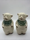 Vtg Pair Shawnee Pottery Smiley Pig Salt & Pepper Shakers Green Scarf 5” Tall