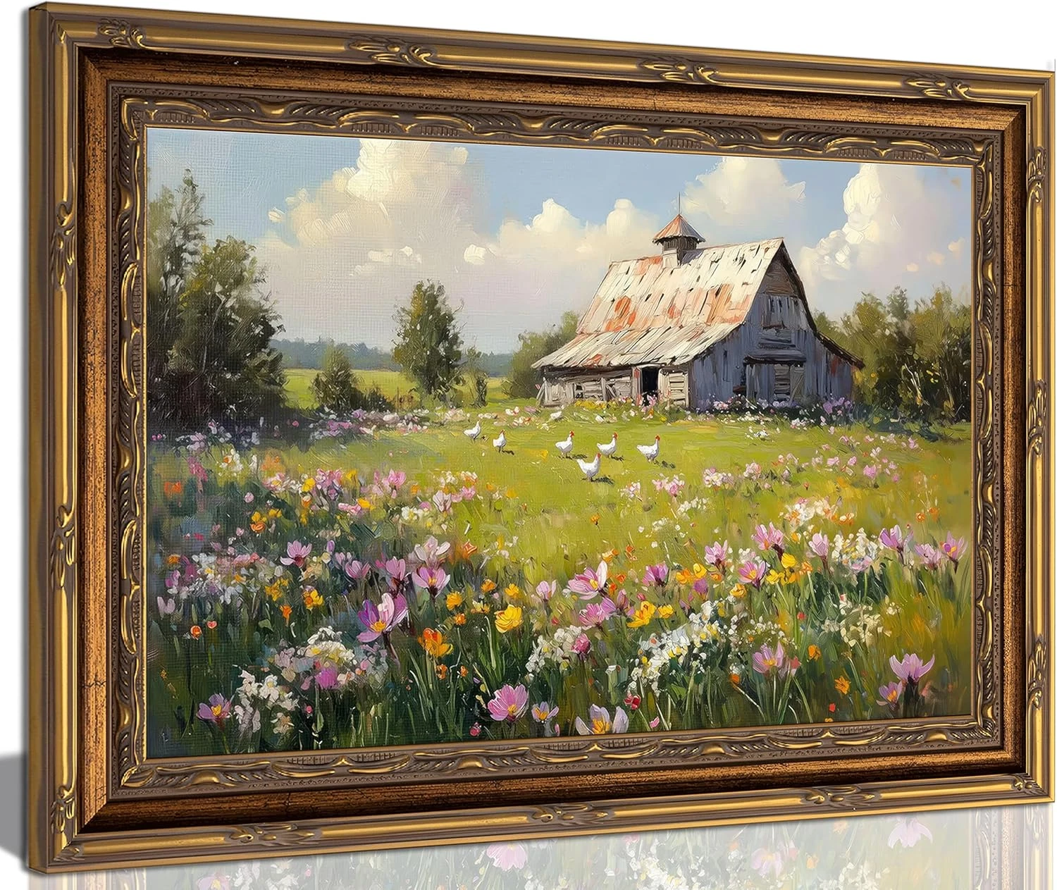 Vintage Gold Framed Landscape Rustic Wall Art Farmhouse Cottage Rural View Pictu